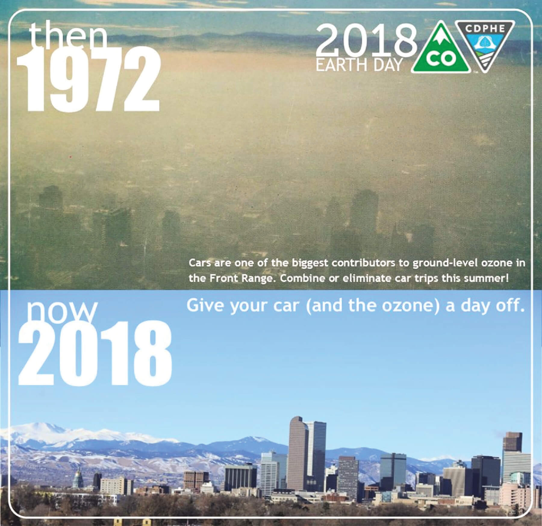 A view of the sky in 1972 showing how cars are one of the biggest contributors to ground level ozone on the front ranage next to a picure in 2018, showing how the air quality has improved.