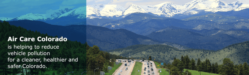 For 30 years, Air Care Colorado has been partnering with Coloradans to reduce vehicle pollution, protect our air, and support healthier communities. Message is overlayed on top of an image of the snow covered Rocky mountains from the front range. 